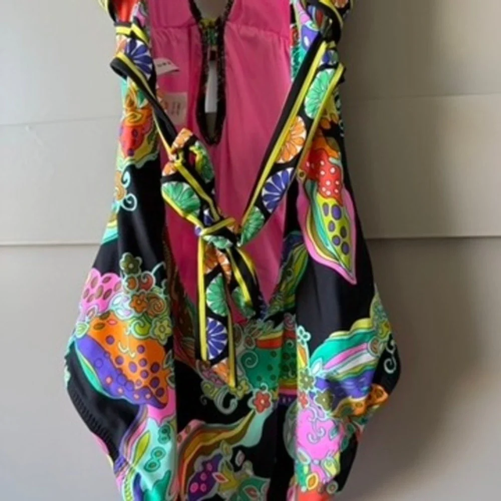 Trina Turk One Piece Swimsuit Womens Sz 8 Multi Psychedelic Strappy Back V-Neck